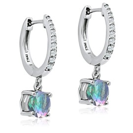 925 Sterling Silver 6mm/0.24" Round Cut Genuine, Created or Simulated Gemstone & White CZ Dangle Huggie Hoop Earrings for Women, 15mm/0.59", Metal Gemstone, mystic topaz - silver