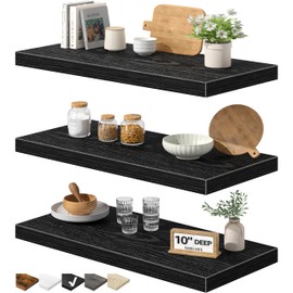 QEEIG 10" Deep Floating Shelves for Wall - 10 x 24 inch Book Shelf Bathroom Bedroom Kitchen Living Room Hanging Bookshelf Farmhouse Set of 3, Black (025-60B3)