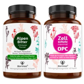 BonVigo® AlpenBitter/OPC Zellschutz je 1 Dose - Stark: 16 x Pflanzen, 13 x Vitamin-Mineral - Kupfer, Zink unterstützen Zellschutz und Immunsystem, Thiamin das Herz, Cholin normale Funktion der Leber