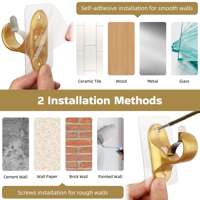 ANDGOO 6 Pack Curtain Rod Brackets No Drilling, Gold Curtain