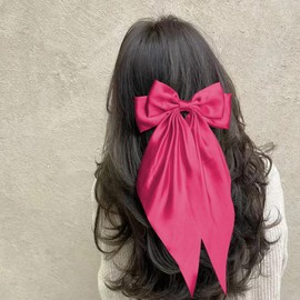 Hair Bows 2 PCS Large Long Tail Bow Hair Clips Satin Silky Ribbon Bow for Hair Ponytail Holder French Coquette Hair Barrettes Daily Accessories Gifts for Women Girls (Rose Red,Sky Blue)