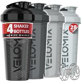 VELOMIX -4 Pack- 28 oz Protein Shaker Bottles for Protein Mixes - 4x Wire Whisk | Leak Proof Shaker Cups for Protein Shakes | Stackable Protein Shaker Bottle Pack (A1) Silver Aurora