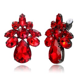 BriLove Wedding Bridal Clip-On Earrings Elegant Stunning Teardrop Crystal Rhinestone Cluster Statement for Women Party Prom Ruby Color Black-Tone
