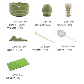 Matcha Whisk Set - 7-piece ceramic matcha set for traditional tea ceremony, including matcha bowl, matcha whisk, bamboo spoon, tea spoon holder, tea sieve and tea towel, ideal for matcha lovers. Green