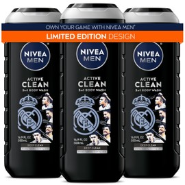 NIVEA MEN Real Madrid Limited Edition Design Active Clean Body Wash with Natural Charcoal for Normal to Oily Skin, 3-in-1 Charcoal Body Wash, Face and Hair, 16.9 Fl Oz Bottle, Pack of 3