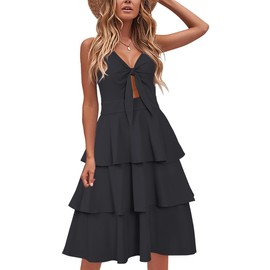 VOTEPRETTY Womens 2025 Summer Dress Midi V Neck Tie Front Casual Spaghetti Strap Vacation Tiered Ruffle Sundress(Dark Black,L)