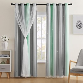XiDi Green Grey 84 Inches Curtains for Girls Bedroom 2 Panels Set, Blackout Rainbow Curtains for Kids Room Decor, Unicorn Wall Decals Drapes for Little Girl Nursery Room 34 Inches Wide