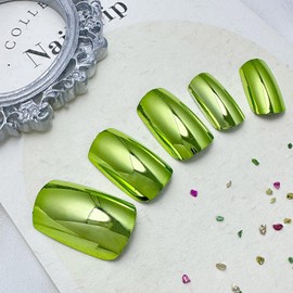 Chrome Press on Nails Medium Square Fake Nails Green False Nails with Designs Metallic Holographic Glue on Nails Full Cover Acrylic Artificial Nails Glossy Stick on Nail for Women Nail Manicure