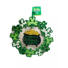 Unbranded St Patrick's Day Green Wreath Shamrocks Hanging Sign Irish Wall Decor NEW-11”
