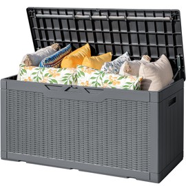 Flamaker Outdoor Storage Box 100 Gallon Waterproof Resin Deck Box with Air Rod Indoor Outdoor Lockable Storage Bench for Patio Cushions, Tools, Pool Accessories (Gray)