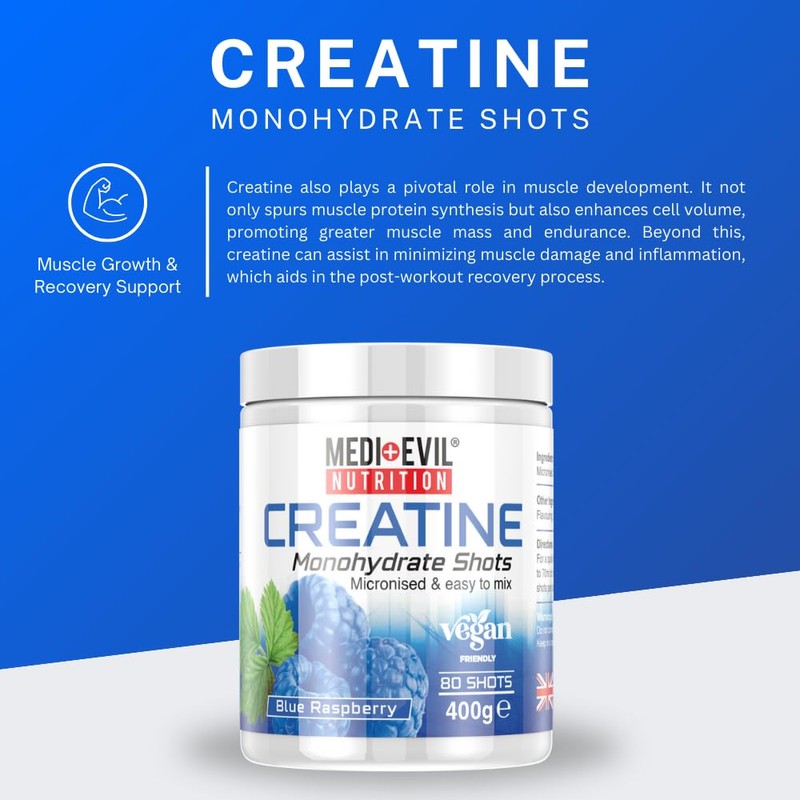 Medi-Evil Nutrition Creatine Monohydrate Powder 400g, Blue Raspberry Flavour, Micronised