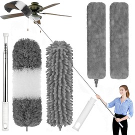 Microfiber Feather Duster, 6PCS Extendable Bendable Dusters with 100" Telescopic Pole, Washable & Reusable Cleaning Kit for Ceiling Fans, Lights, Blinds, Cars, Hard-to-Reach Areas (Gray)