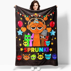 50'' x 40'' Sprunkis Throw Blanket, Game Birthday Gift for Boys Girls Adult Kids, Black Blanket with Funny Cartoon, Plush Cozy Lightweight Flannel Throw for Bedroom Sofa Couch Living Room Decoration 1