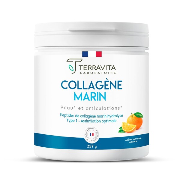 Patented Marine Collagen Powder + Vit C | 250 Grams of Pure Collagen Peptides Type 1 | Soft Joints, Smooth and Hydrated Skin | Orange Flavour | 100% French Spine | Terravita