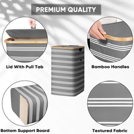 BALEINE Laundry Hamper with Lid, Tall Laundry Baskets with Bamboo Pull Handles, Large Laundry Bin with Internal Support (18 Gallon, Grey Pinstripe)