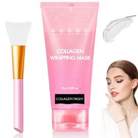 Josmon Collagen Night Wrapping Mask, Collagen Overnight Wrapping Peel Off Facial Mask for Elasticity Hydration, Reduce Sagging Dullness, Tight Skin, 2.53 fl.oz Brush Included, Pink