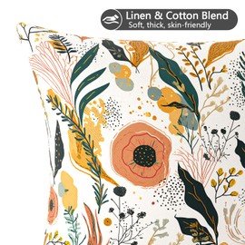 Throw Pillow Covers, 18x18 Inch Cotton Linen Pillow Cases Pack of 4, Decorative Bed Case for Couch Bedroom Sofa Living Room Patio, Farmhouse Modern Home Decor, White Green Cute Flowers