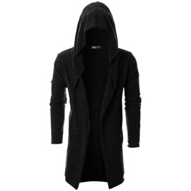 GIVON Men's Long Hooded Shawl Cardigan Open Front Gothic Cloak with Drape Design Shawl Collar / DCC055-BLACK-M