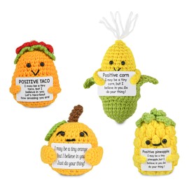 4Pcs Positive Tucker Cute Emotional Support ，Pickle Funny Mini Positive Crochet Dolls，Corn Pineapple Orange Holding Positive Cards Wool Knitted Toy ，Encouragement Gifts