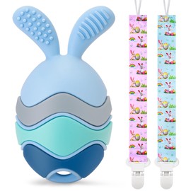 Easter Egg Bunny Baby Teether, Baby Teething Toy for Easter Basket Stuffers, Rabbit Egg Rattle Toy Teething for Infant Boys & Girls First Easter Gifts with 2 Packs Easter Egg Pacifier Clip, 3 Months+