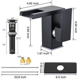 Bathroom Faucet Led Light RGB Waterfall Spout Black Lavatory Vanity Sink Faucet 3 Colors Changing One Hole Handle Matching Drain Assembly with Overflow Bath Basin Deck Mount Commercial Modern