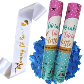 Gender Reveal Cannon Blue Confetti Popper | Mommy to Be Sash in Satin White with Gold Letters | Themed Party: Twinkle Twinkle Little Star (Blue, Set of 2)