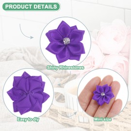 M METERXITY 200-Pack Satin Ribbon Flowers, 1.2 Inch Mini Fabric Flowers with Rhinestones Flower Ribbon Appliques for Crafts DIY/Wedding/Ornament/Party/Home [Dark Purple]
