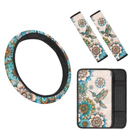 TOADDMOS 4PCS Boho Hummingbird Car Steering Wheel Cover for Women Lady Mandala Blossom Universal Center Console Pad&Seatbelt Cushion Pad for Sedans,Cars,Vans
