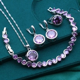 5pcs Luxury and Fashionable Purple Synthetic Cubic Zirconia Jewelry Set - Including Bracelet,Open Ring Earrings Pendant NecklaceColor: Purple