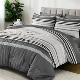 Dobuyly Grey Queen Comforter Set 7 Pieces, Boho Grey White Striped Bed in a Bag Queen Size Soft Microfiber Bedding Sets with Comforter, Sheets, Pillowcases & Shams