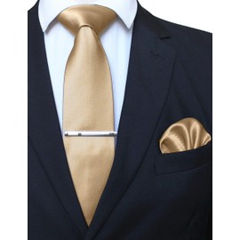RBOCOTT Gold Silk Tie and Pocket Square, Necktie Tie Clip Set for Men (1)