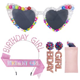Lingdeer Birthday Girl Sunglasses with Crown Sash & Earrings, Glasses Headband for Women Girls, Birthday Gifts Accessories Outfits Pink Decorations Party Favors