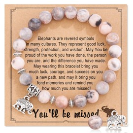 Natural Stone Bracelet, Leaving Gifts for Colleagues Women Elephant Gifts Retirement Gifts Good Luck Bracelet Pink Bead Bracelets for Womens Teen Girls Ladies Healing Anxiety Bracelet with Card