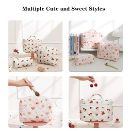 Curtainboro 3pcs Quilted Makeup Bag, Coquette Cosmetics Large Capacity Pouch Travel Cosmetic Bag Set Printed Makeup Pouch Large Capacity Portable Toiletry Bag Organizer for Women Girls