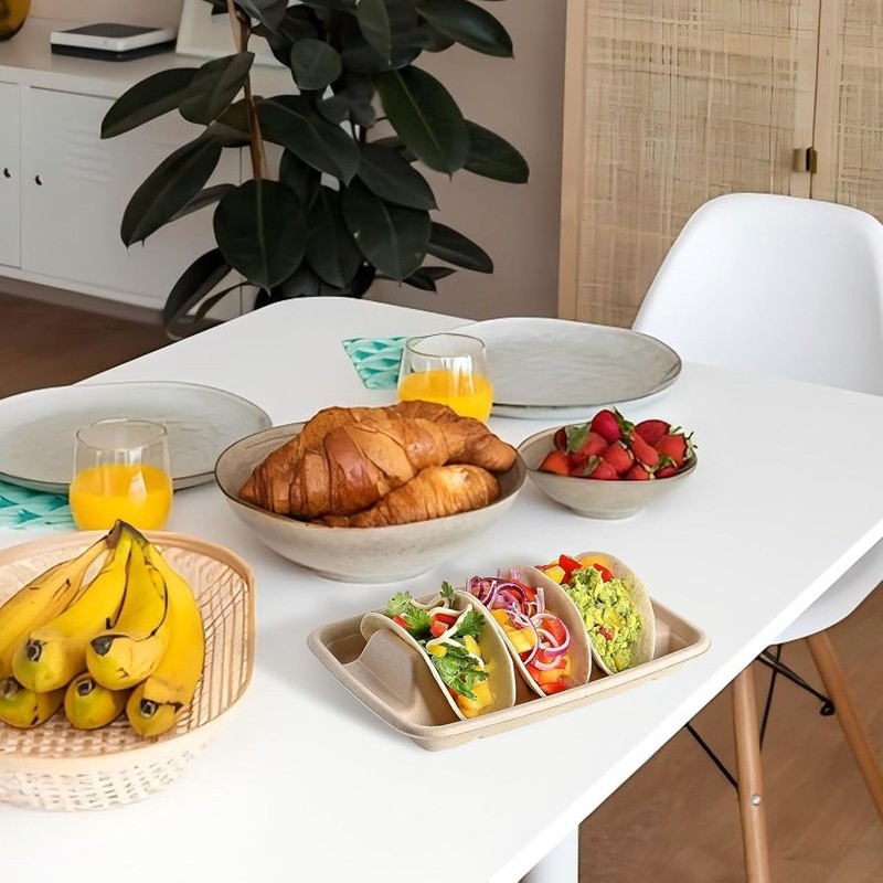 WOYAODONG 20Pcs Disposable Taco Plates with Dividers, Paper Taco Holders