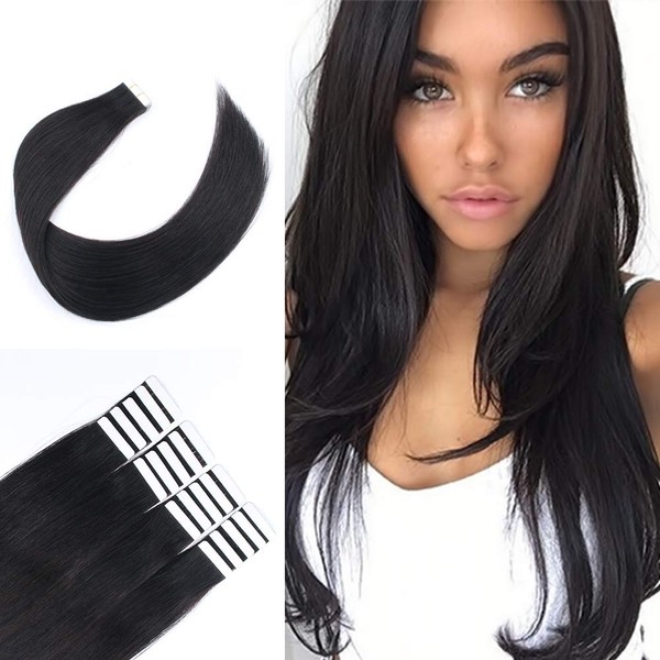 Sixstarhair Off Black Tape In Hair Extensions Black Brown Human Hair Extensions For Women Seamless Tape In Extensions Human Hair 20 Pieces 50g per Pack [Color 1B 14inch]