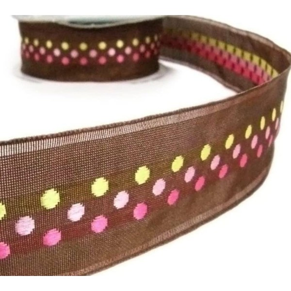 1 Pcs 1 1/2"W Woven Jacquard Polka Dot Brown Ribbon