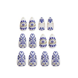 Boho Press on Nails Medium Almond Fake Nails Press ons with Designs Blue False Nails Glossy Full Cover Acrylic Glue on Nails Cute Artificial Stick on Nails for Women Manicure 24Pcs