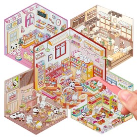 5-Sets DIY 3D House Stickers, Make Your Own Sticker Therapy 3D Scenes for Adults Kids, Cute 3D Korean Cartoon Scene Stickers for Relief Stress Pass The Time (Life Food Series)