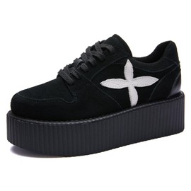 RoseG Women's Platform Shoes Cow Suede Punk Oxfords Lace Up Creeper Shoes White Flower Size7