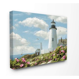 Stupell Industries Pemaquid Lighthouse Bright Pink Floral Sea Side Scene Canvas Wall Art, 16 x 20, Multi-Color