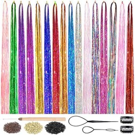 Kit de cabello de oropel con herramientas, 16 colores, 3200 hebras, oropel, resistente al calor, brillante, extensiones de cabello de oropel brillante
