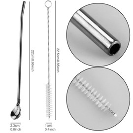 Pack of 10 Straws, Spoons, Straws, Spoons, Stainless Steel, Reusable Straw with 3 Cleaning Brushes, Suitable for Drinking, Milkshake, Smoothies, Milkshakes, Coffee