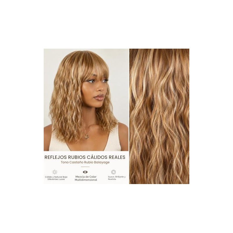 Peluca Pelo Humano Body Wave Marrón Rubio Flequillo 16 Pulg