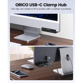 ORICO USB Hub 3.0, Clamp USB Hub with Extra Power Port, Aluminum USB C Adapter with 2 USB-A Data Ports,3.5mm AUX, SD/TF Card Reader for Desktop(Black)