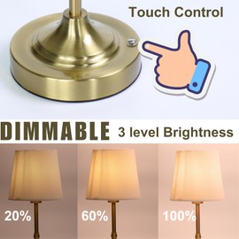 JHWDHD Cordless Touch Table Lamp for Bedroom, 5200mAh Rechargeable Battery Operated Nightstand Light with Fabric Shade, Stepless Dimming 2700K Desk Lamp for Bedside/Reading/Home Office, Antique Brass