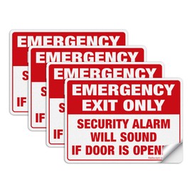 Emergency Exit Only Sticker, Emergency Exit Only - Security Alarm Will Sound If Door is Opened Label, 4 Pack, 10 x 7 inch Self-Adhesive Vinyl Decal Stickers, Reflective, UV Protected, Waterproof