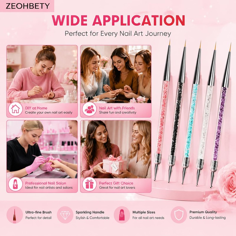 ZEOHBETY Nail Art Brushes, 5Pcs Nail Art Liner Brushes, Dotting