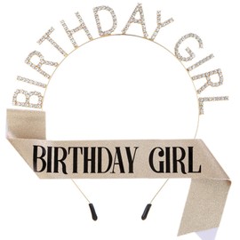 ZHOUHON Birthday Headpiece, Birthday Sash, Girls Crystal Tiara, Girls Birthday Party Decorations Set (Gold)