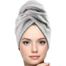 Hair Cap Wrap Quick Dry Super Absorbent Turban Head Wrap for Women with Button, Non Microfiber Anti Frizz Hair Products, Cap for Curly, Long & Thick (Grey, One Size)